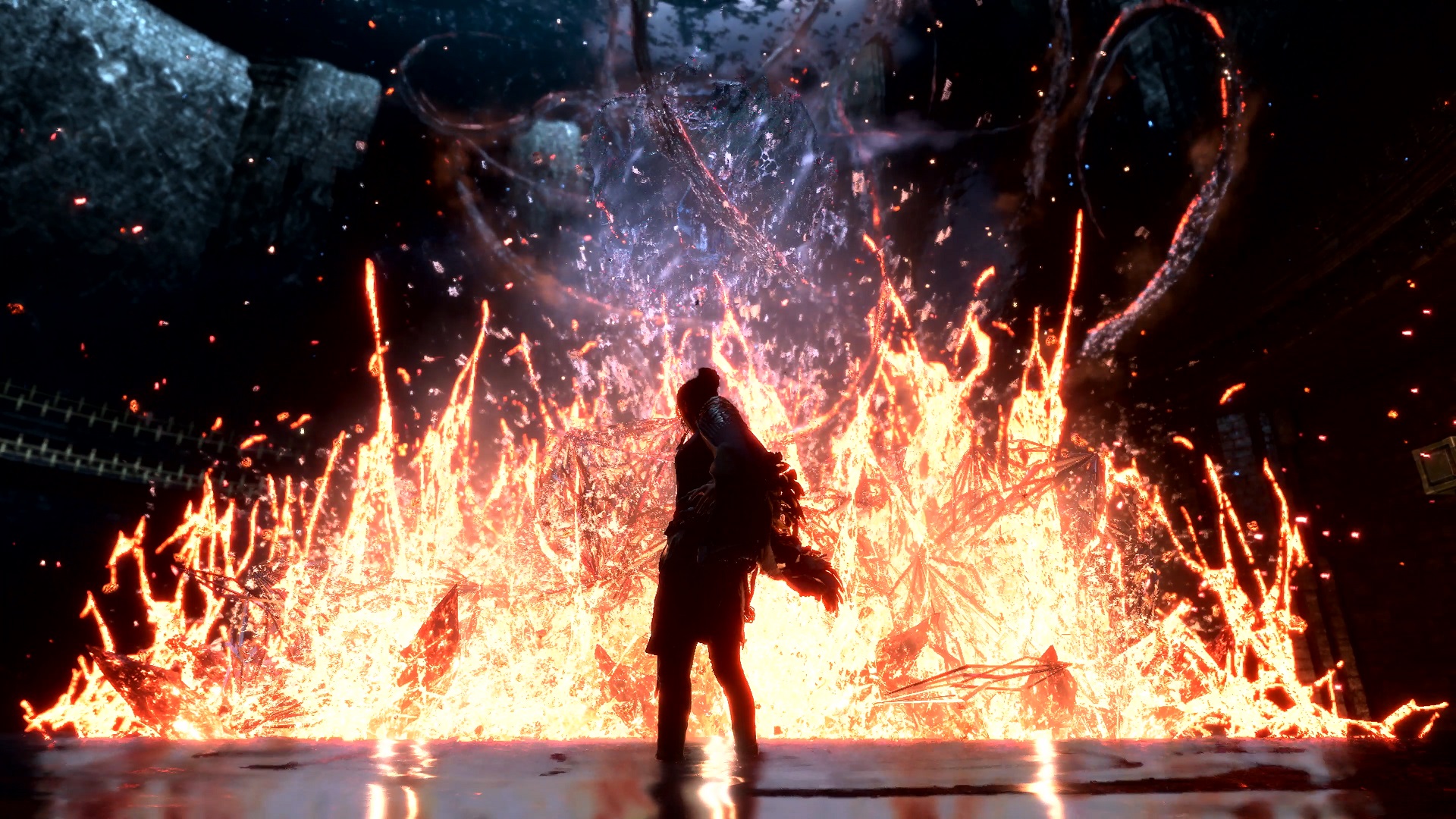 Frey in front of a wall of flames