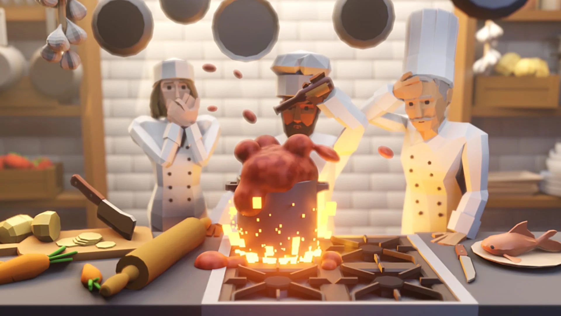 Three chefs looking at a pot in Recipe for Disaster.