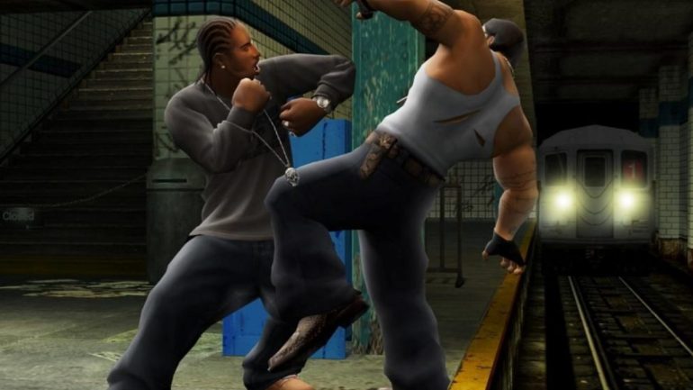 Ludacris knocking another fighter onto train tracks.