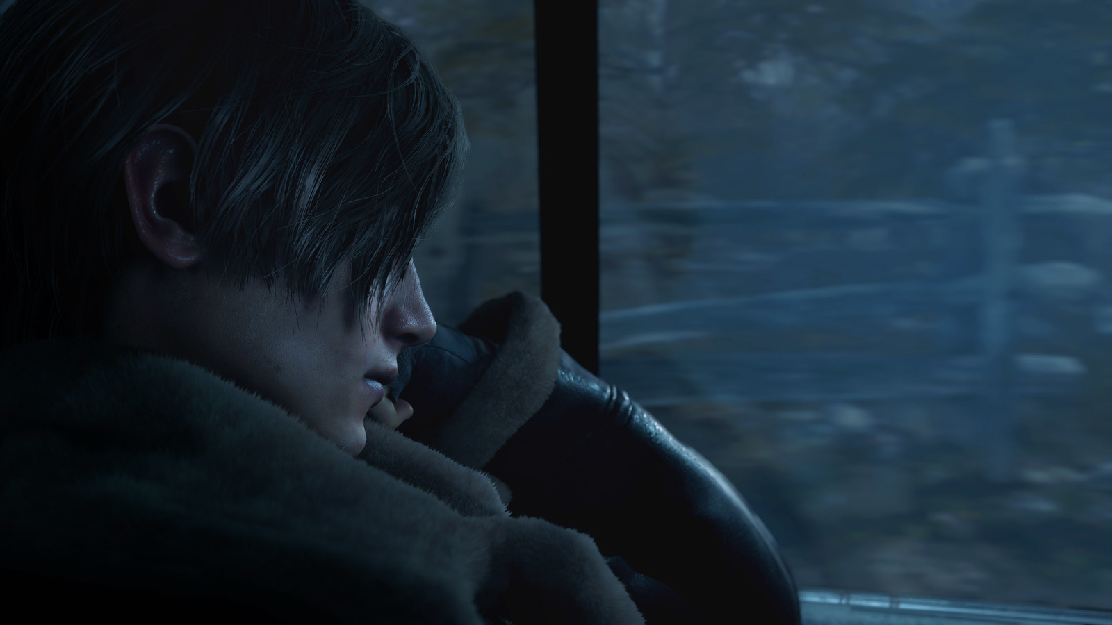 Leon Kennedy looking out of a window.