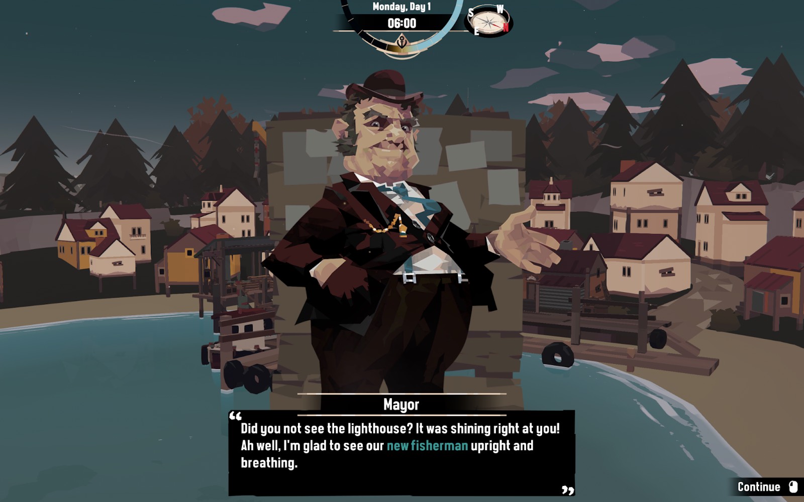A dialogue sequence with The Mayor in Dredge.