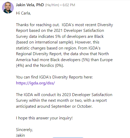 A screenshot of Jakin Vela, executive director of the IGDA confirming that Black people make up 5% of North American game developers.