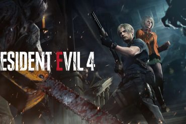 Leon Kennedy wielding a shotgun against a chainsaw-wielding foe. Ashley stands behind him.