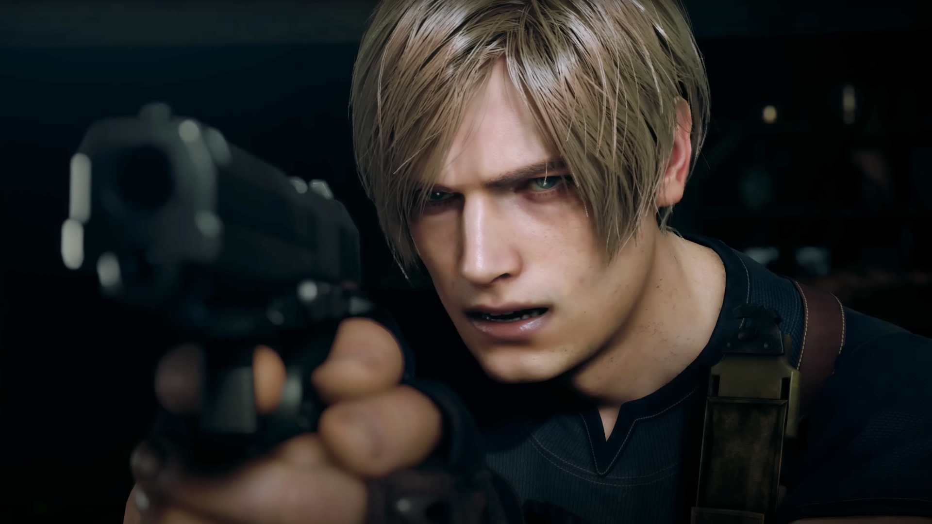 Leon Kennedy looking down the sights of a pistol.
