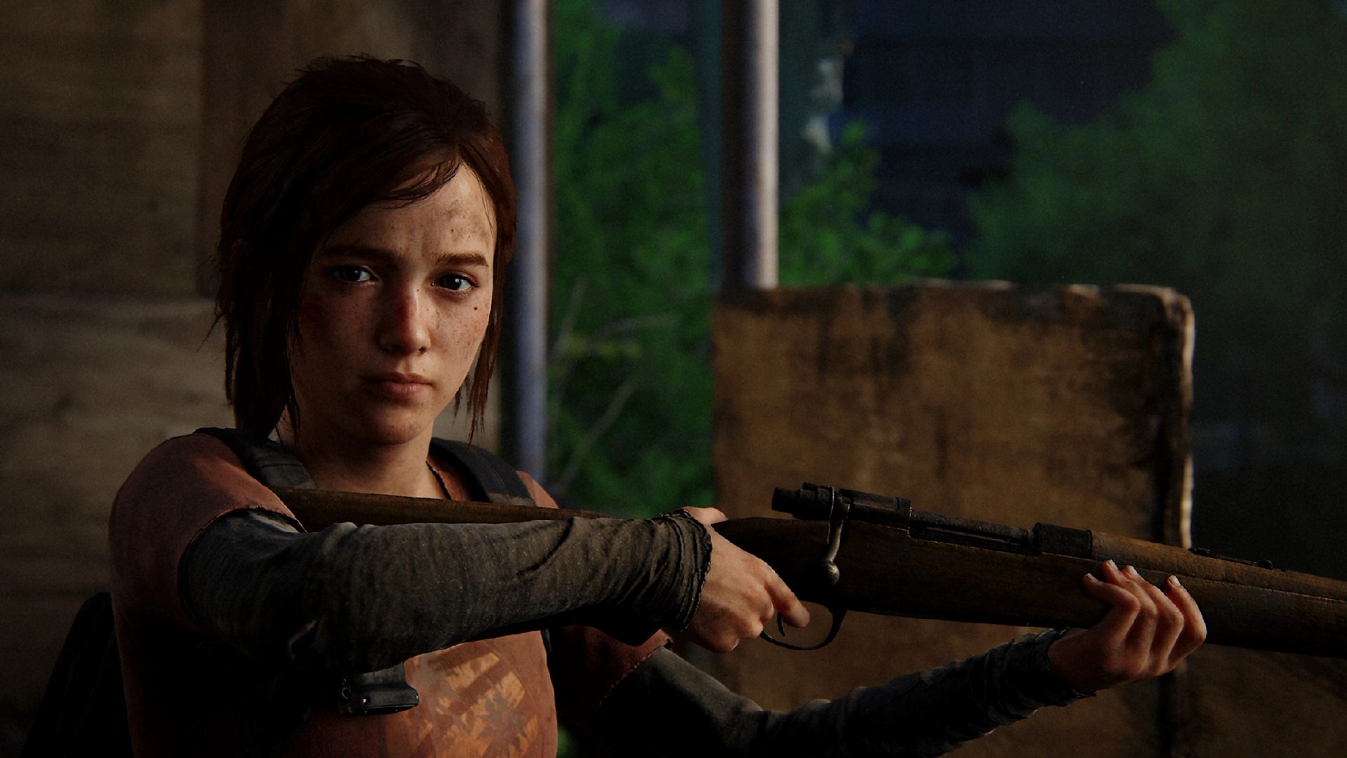 Ellie holding a rifle.