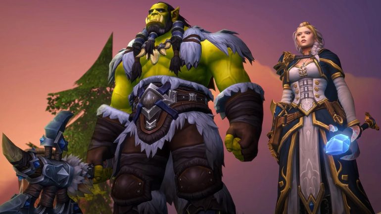 A horde and alliance character standing side by side.