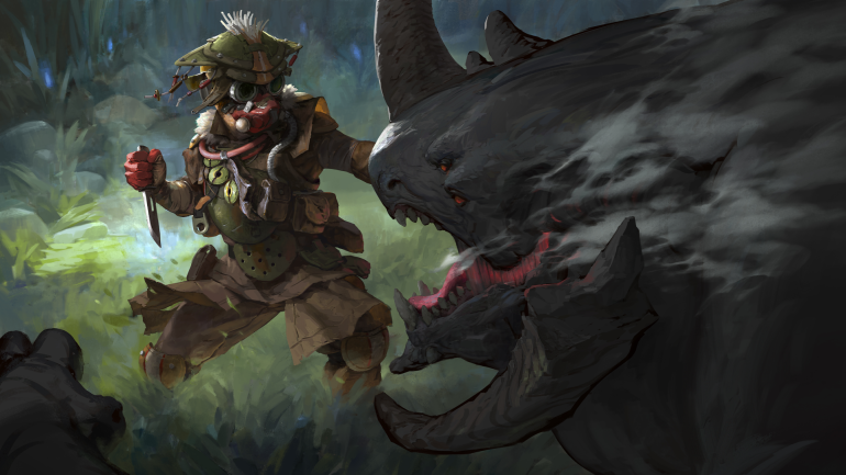 Key art of Bloodhound fighting a large beast.