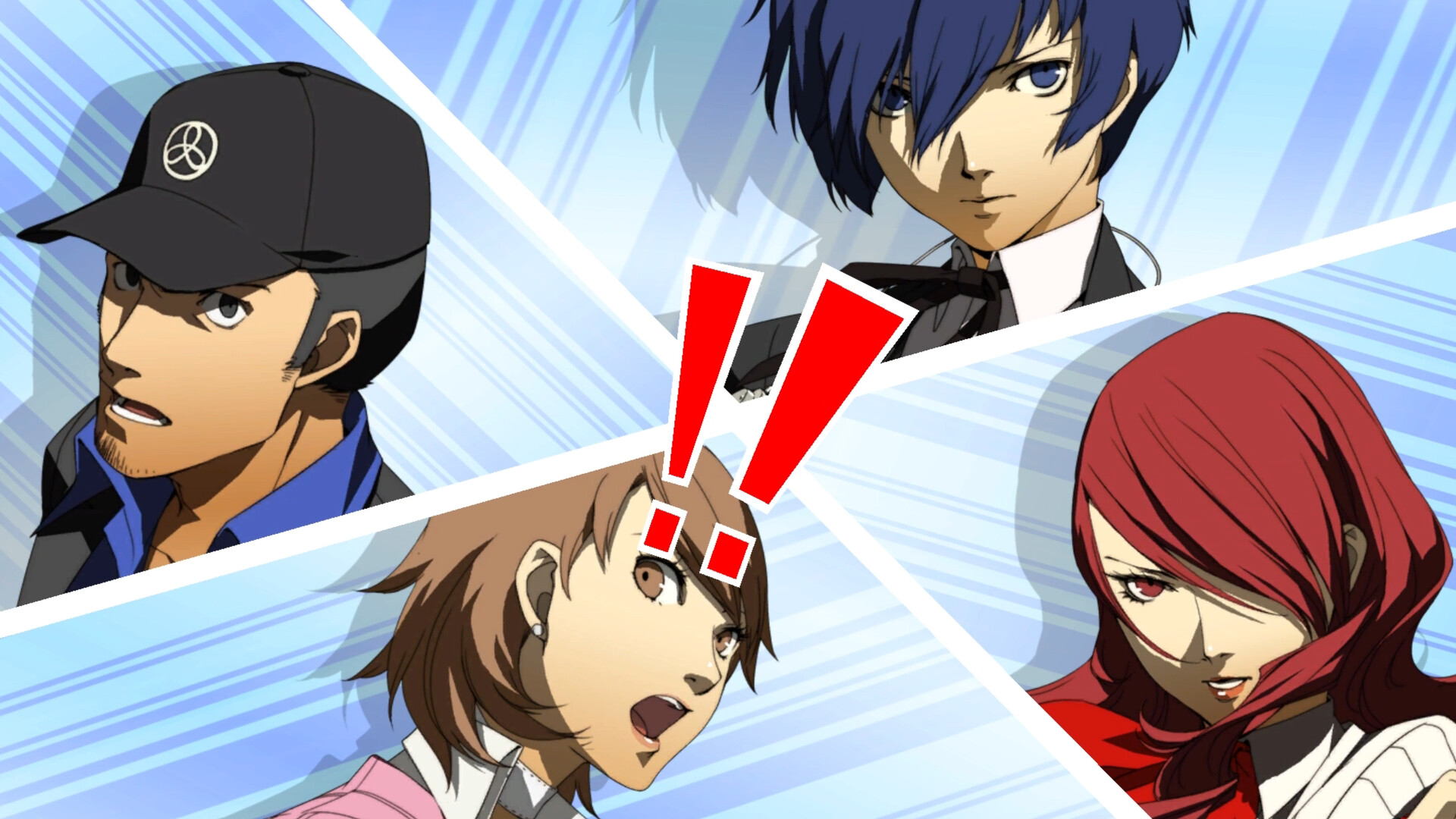 A close-up reaction shot of four character's faces.