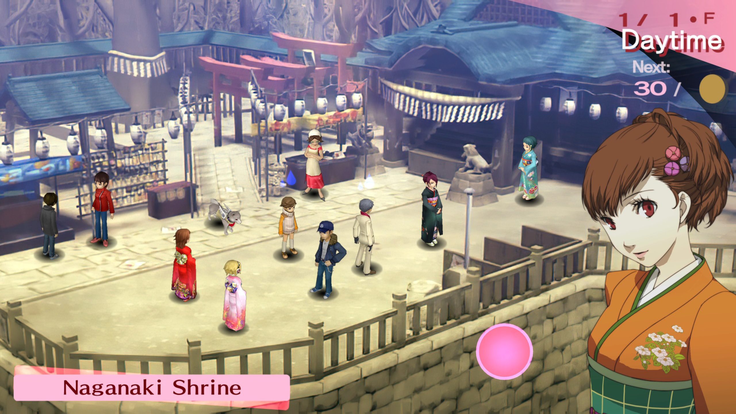Multiple characters standing at the Naganaki Shrine.