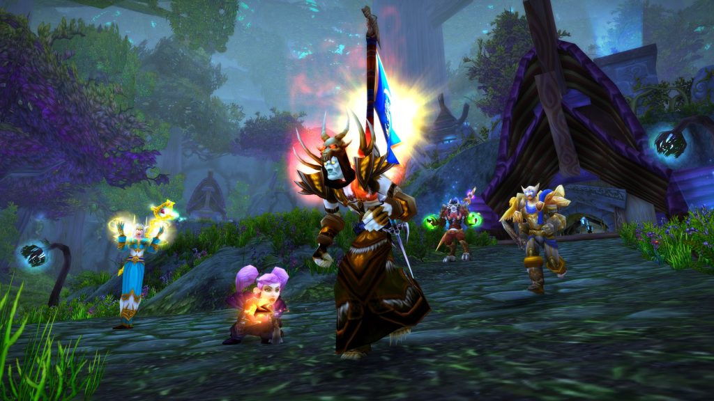 World of Warcraft undead, gnome, night elf, human, and tauren running