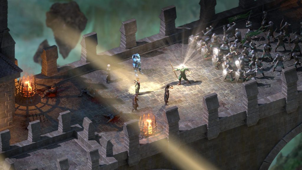 Pillars of Eternity 2 characters standing on a bridge, facing an army