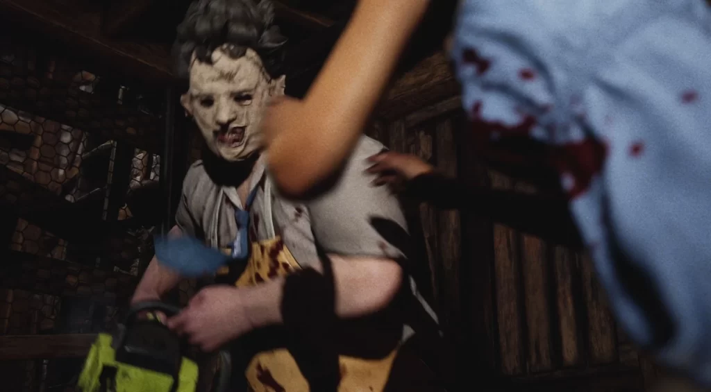 The Texas Chainsaw Massacre: Leatherface attacking a victim with a chainsaw.