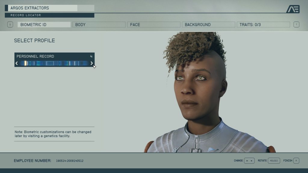 Starfield character creation menu: woman with curly hair
