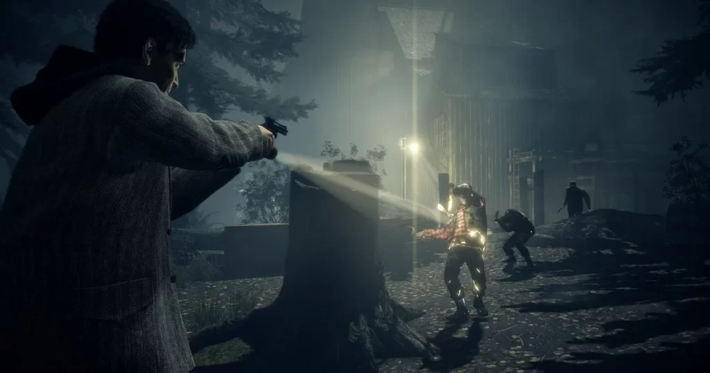 Alan Wake pointing a gun at a man.