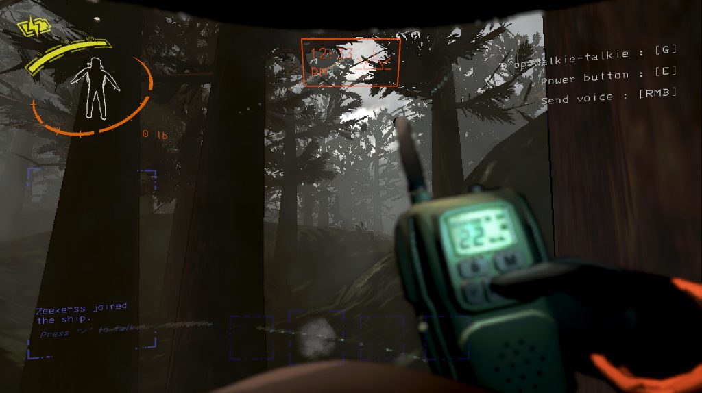 First person view of a character holding a walkie talkie in a forest.