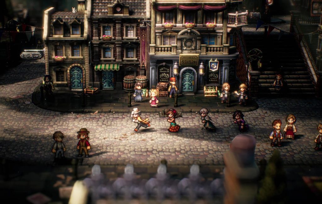 Octopath Traveler 2 characters running through a town